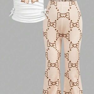 Girls Bow-Print Flare Pants - Cream Size- 4Y